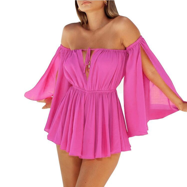 Abito da spiaggia casual in chiffon a vita alta con spalline annodate e spalle scoperte, nuovo ed estivo, per donna, comodo e sinonimo di abito_voghion.com