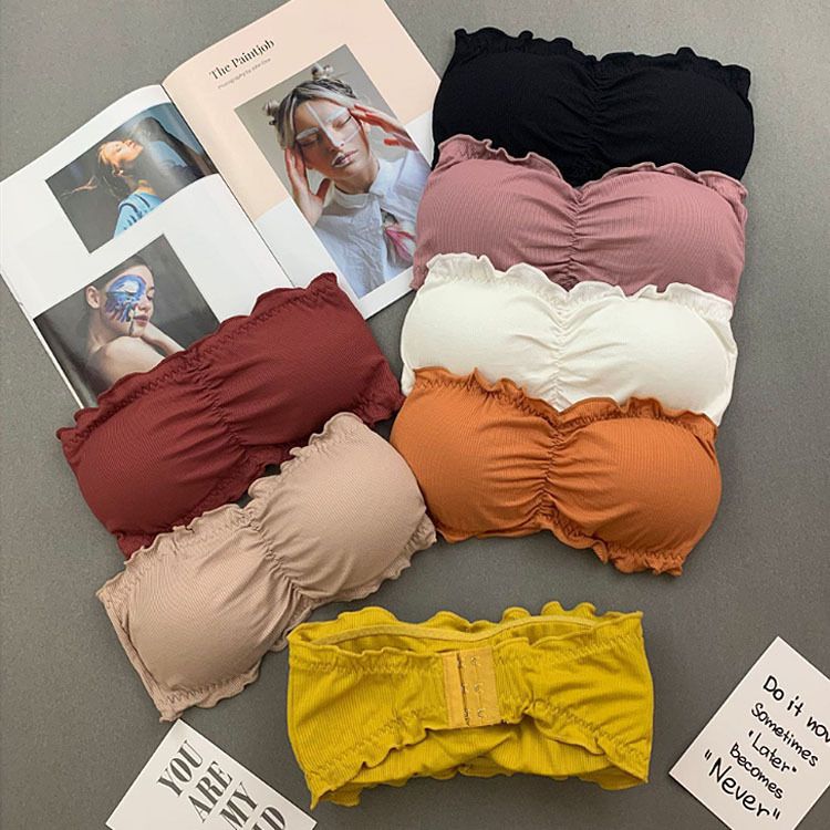Women's Intimates Ruffled Lace Three Row Buttoned Tube Top With Strapless Invisible Beautiful Back Underwear_voghion.com