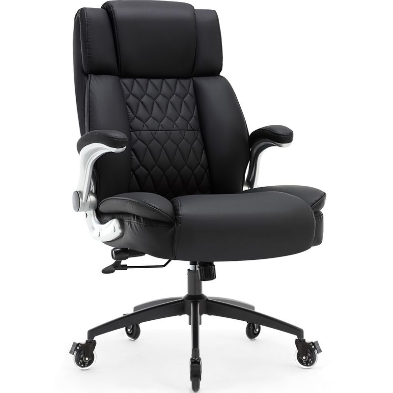 High Back Office Chair With Locking Wheels, Large Executive Desk Chair, Flip Arms Adjustable Lumbar Support, Ergonomic Synthetic Leather Computer Chair Prevents Cats Scratching, Thick Padded, Black_voghion.com