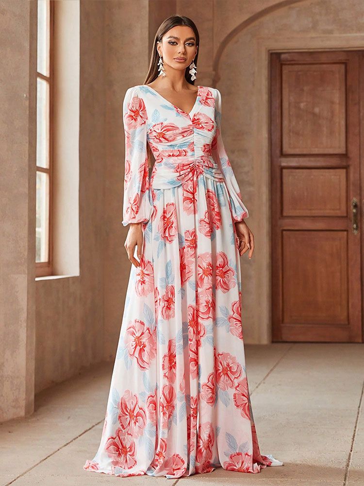 Floral Chiffon Maxi Dress With V-Neck & Lantern Sleeves – A-Line High Waist Evening Gown For Beach Vacation, Date Night_voghion.com