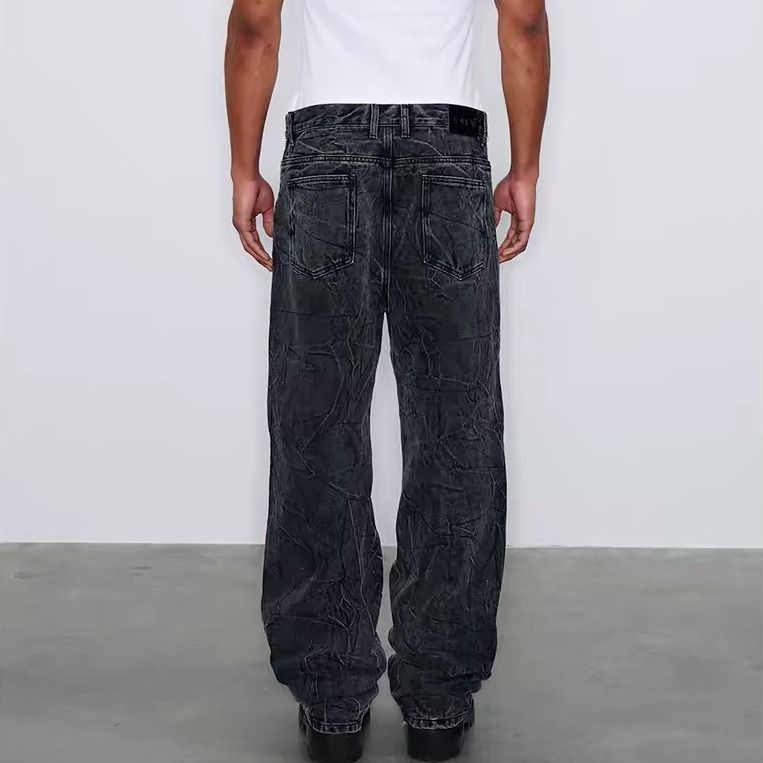 Abbigliamento maschile Jeans lavati Cleanfit Retro Snowflake per uomo Pantaloni dritti con pieghe ondulate e rovinate, resistenti e usurati_voghion.com