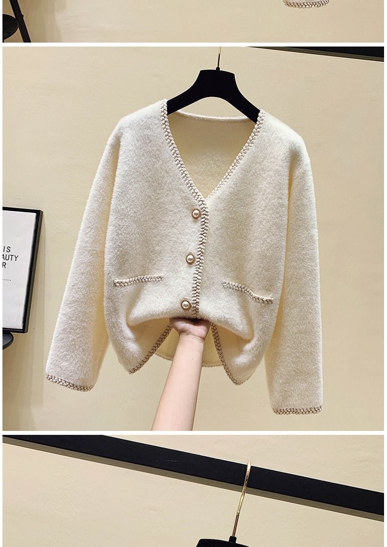Women's Faux Mink Knit Cardigan With Pearl Buttons - Oversized V-neck Long Sleeve Open Front Sweater For Fall Winter_voghion.com