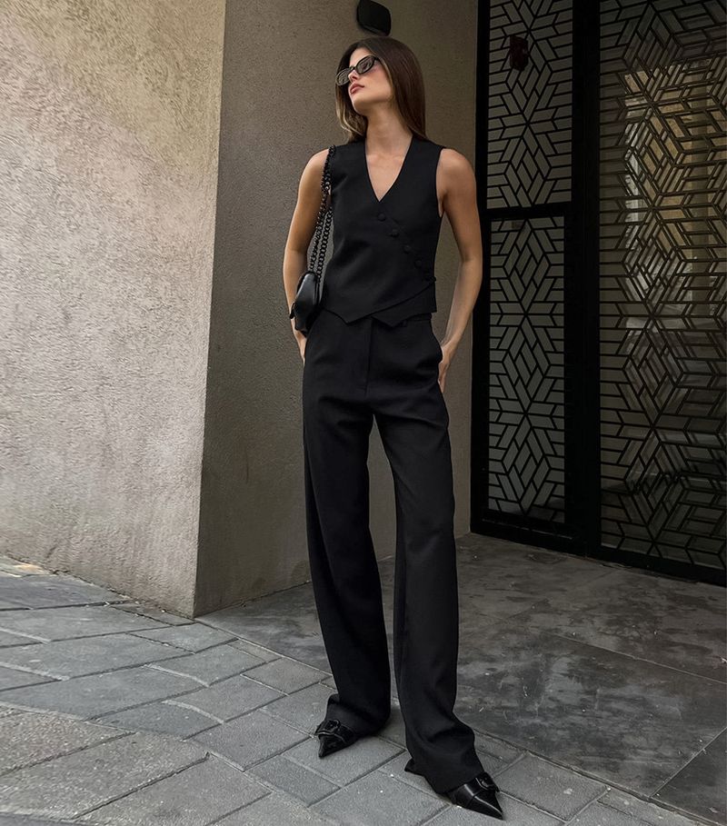 Damenbekleidung Anzugweste Weste Baumwolle Hanf hohe Taille gerade Hose einfach_voghion.com