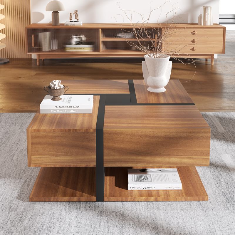 Table basse à 4 tiroirs, design unique, espace de rangement en dessous, 78 x 78 x 36 cm_voghion.com