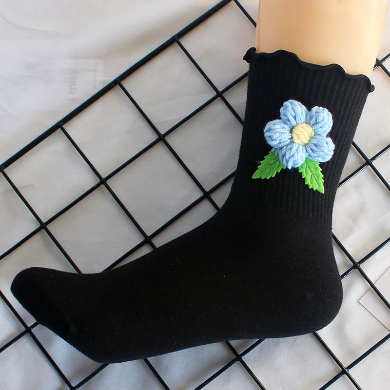 Calzini da donna in lana con fiori, autunnali e invernali, casual, in cotone, caldi, a metà tubo, con orecchie di legno, alla moda_voghion.com