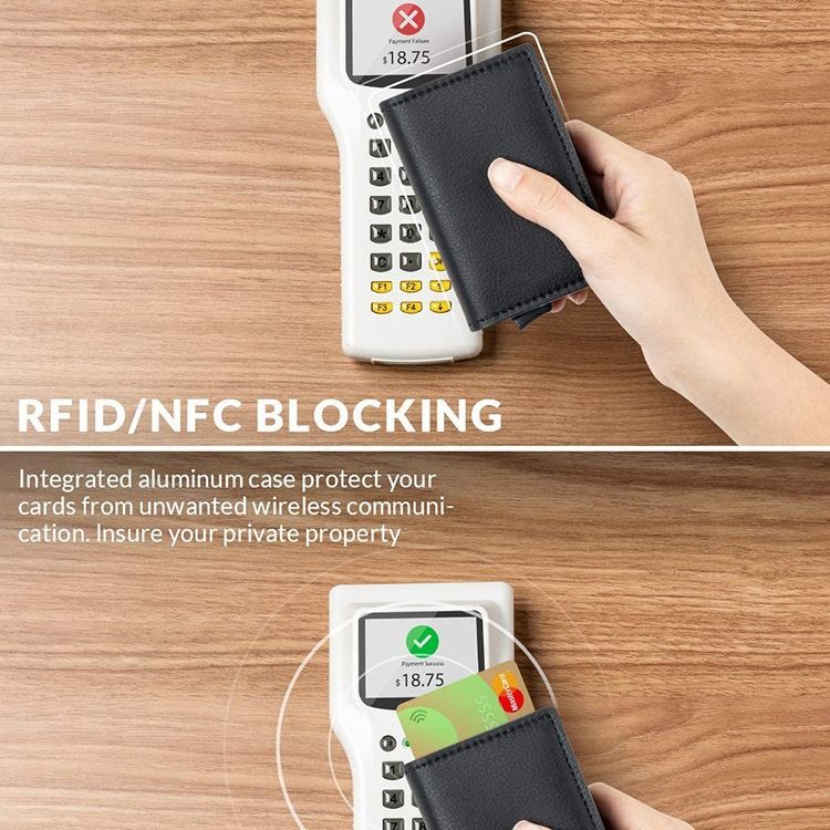 Cartera para tarjetas de crédito con función anti-RFID y ranuras para múltiples tarjetas, con expulsión automática, de cuero genuino y doble caja de aluminio._voghion.com