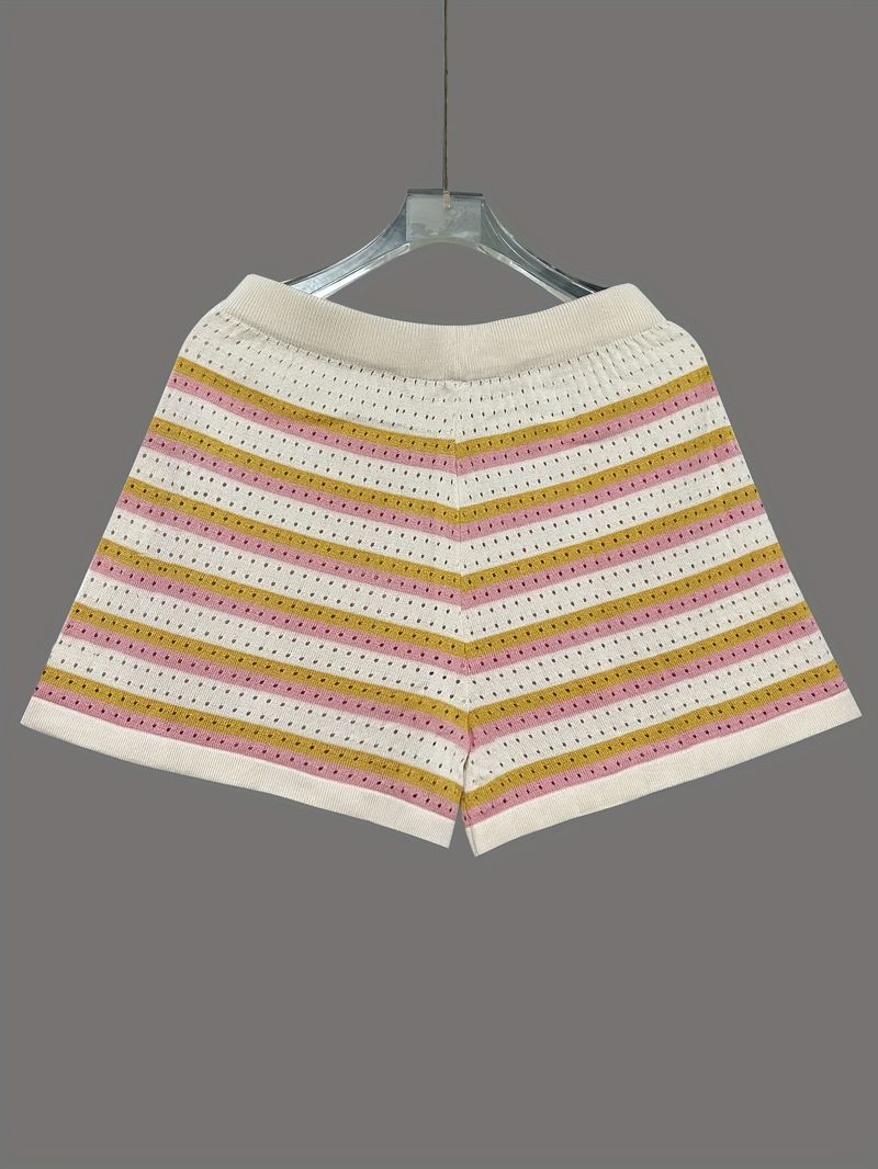 25 Spring And Summer New Women's Clothing Woolen Color Matching Lapel Striped Short Sleeve Shorts Set Garment_voghion.com