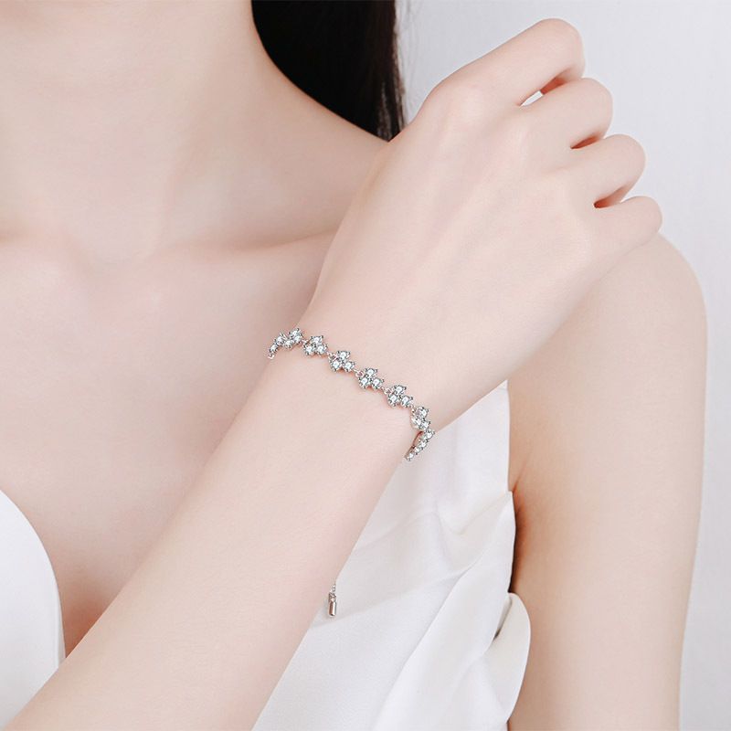 Bracciale da donna in argento puro con pietra Mosang Lucky Clover, regolabile, con meccanismo push-pull, placcato in oro Pt950._voghion.com