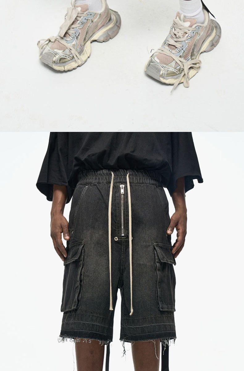 Men's Distressed Cargo Denim Shorts With Drawstring Waist & Multi-Pockets – High Street Style Loose Fit Mid-Length Casual Shorts_voghion.com