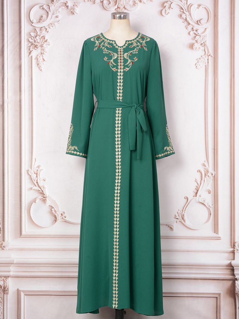 Vestido largo de verano con bordado de color liso y estilo étnico para mujer musulmana_voghion.com
