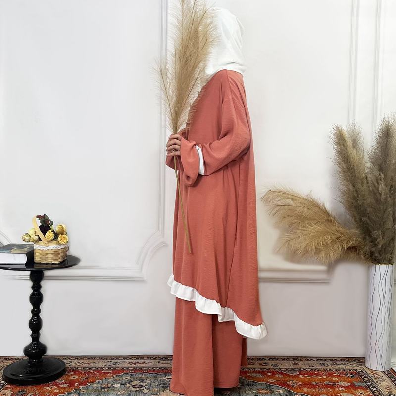 Women's Clothing Solid Color Ruffled Burkha Two Piece Set_voghion.com