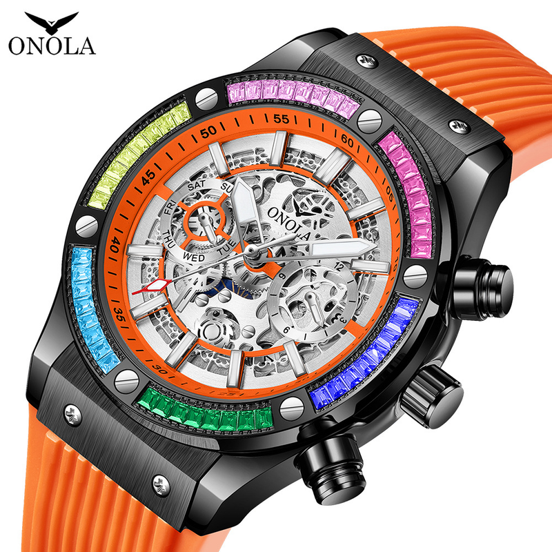 Fashion New ONOLA/Orona Rainbow Diamond Fully Automatic Mechanical Watch Men's Waterproof Tape_voghion.com