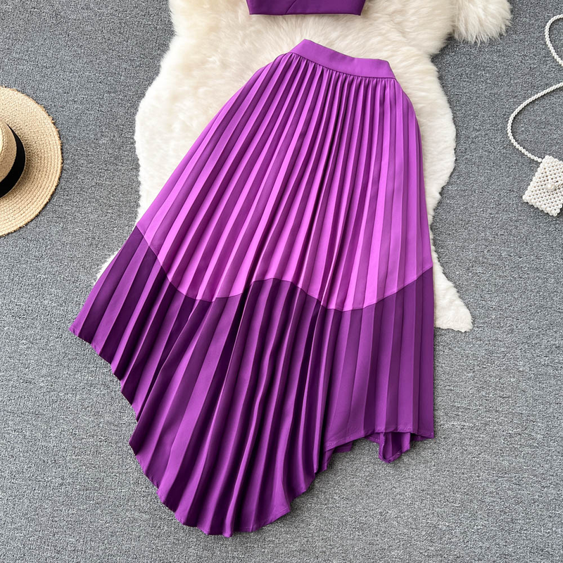 Women's Summer Contrasting Color Tube Top, Irregular Pleated Skirt, Trendy_voghion.com