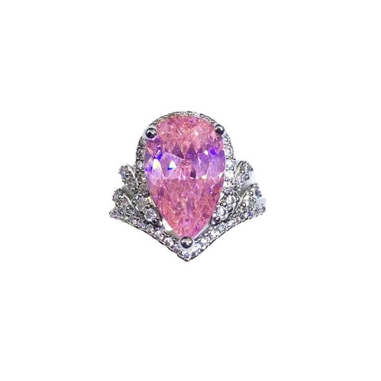 Anello di fidanzamento aperto con diamante rosa a forma di goccia d'acqua e moissanite simulata da donna, di lusso e alla moda._voghion.com