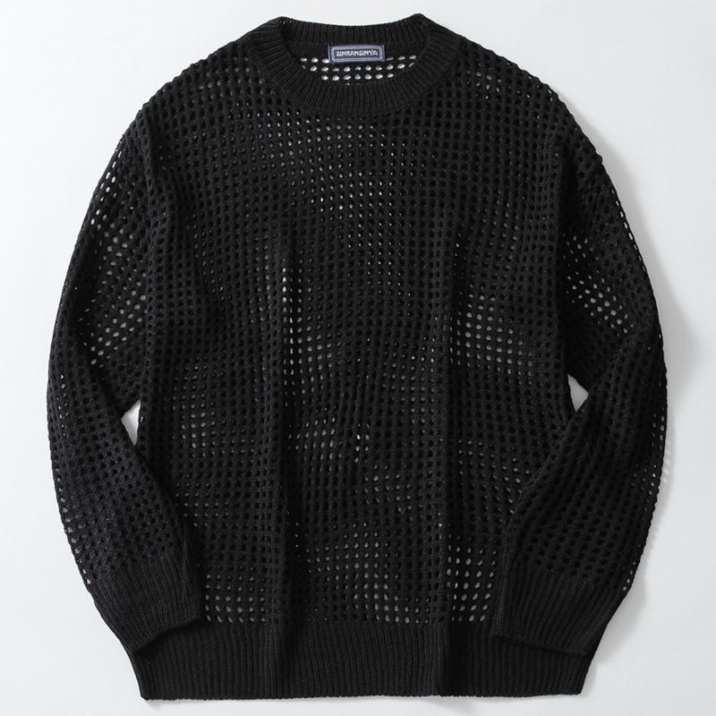 Men's sexy hollow out men's knitted versatile style round neck pullover thin sweater SY0118_voghion.com