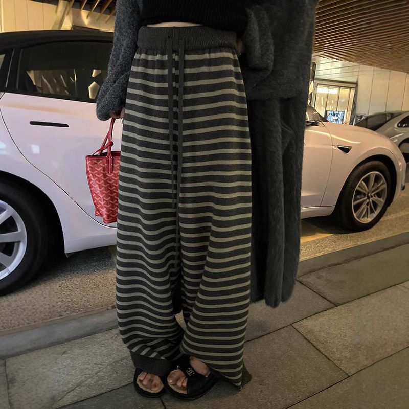 Pantalones de punto a rayas de alta gama para mujer, gruesos, cálidos, cómodos y informales, para otoño e invierno._voghion.com