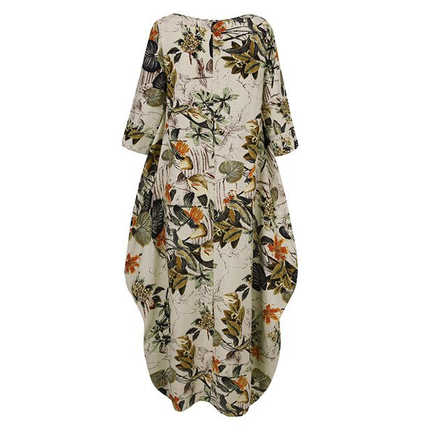 Robe décontractée en coton et lin pour femmes, grande taille, imprimé, style national, rétro, pull ample, col rond_voghion.com