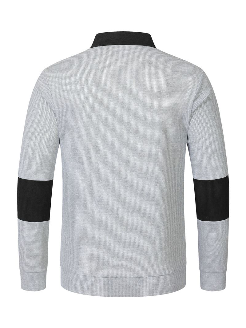 Herren-Poloshirt mit Waffelstrick und Kontrastfarbe, langärmelig – Locker geschnittenes, lässiges Hemd mit Button-Down-Kragen für den Herbst_voghion.com
