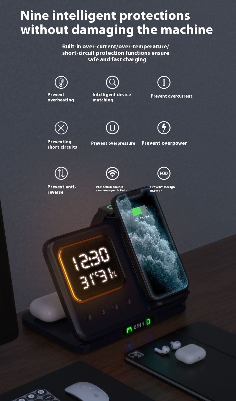 15W Drahtlose Ladegeräte Stehen 5 In1 LED Digital Wecker Schnelle Lade Dock Station_voghion.com
