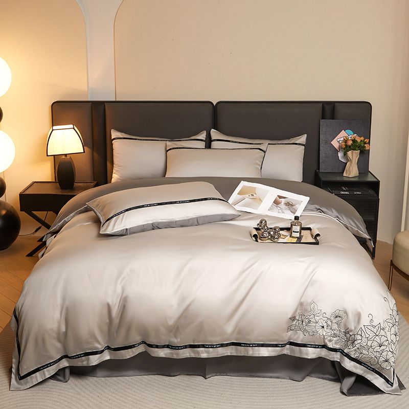 2024 New Luxury Washed Ice Silk Four-Piece Set Silky Cool Embroidered Bedding Summer Bed Sheet_voghion.com