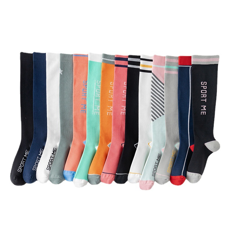 Calcetines largos de compresión para mujer, de primavera y verano, a rayas, con letras, deportivos, informales, para fitness y estudiantes_voghion.com