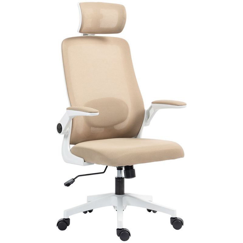 HOMCOM Mesh Chair, Office Chair With Rotatable Headrest, Flip-up Arms, Adjustable Lumbar Support, Smooth Mobility, Khaki_voghion.com