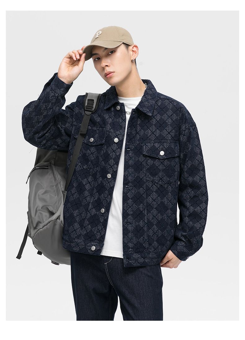 Men's Clothing Jacquard Denim Jacket Men's Loose Large Size Spring And Autumn New Style Pattern Jacket Plaid Workwear Top_voghion.com