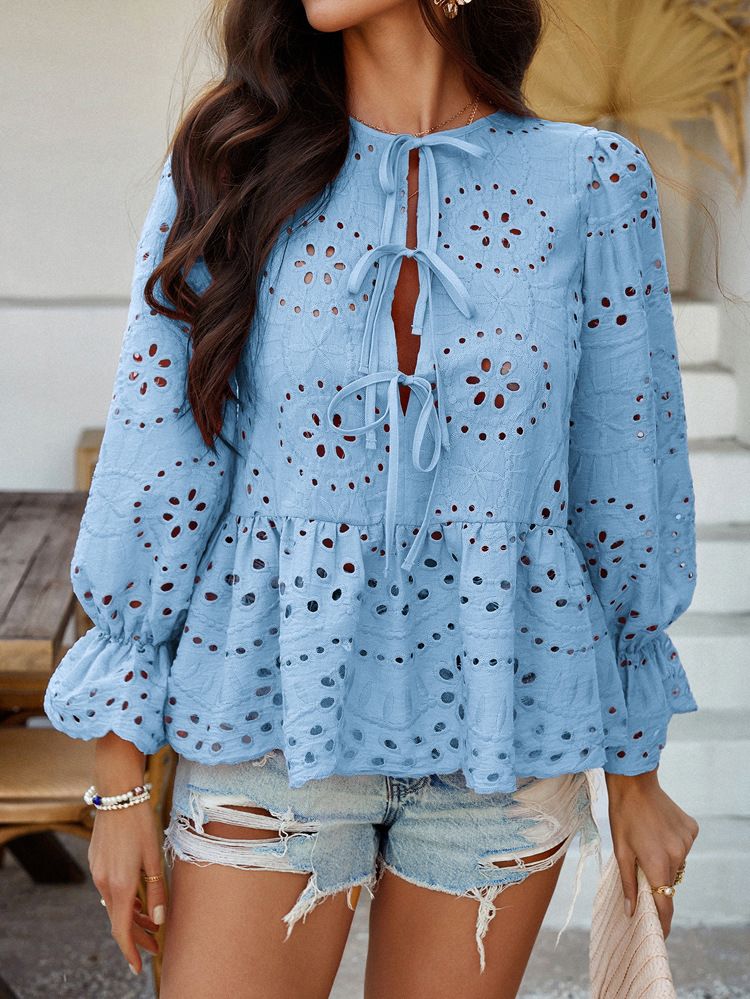 Ropa de mujer Primavera y verano Ocio Vacaciones Suelto Encaje Cárdigan Color Sólido Top Hueco Camisa de Mujer_voghion.com
