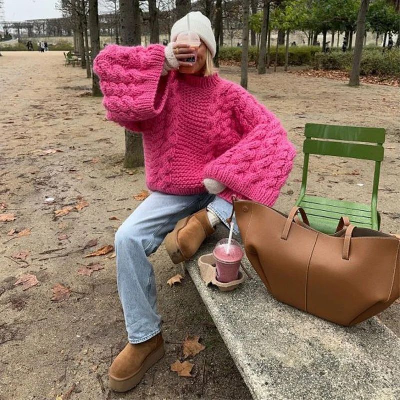 Women's Clothing sweater comfortable casual retro knitted round neck solid color autumn large size sweater_voghion.com