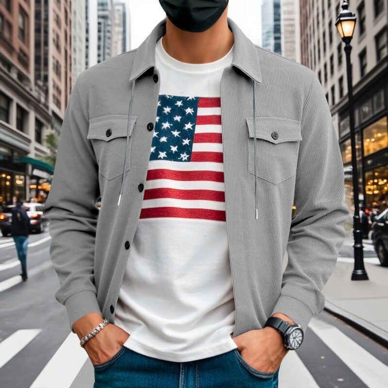 Autumn American Heavy Corduroy New Simple Versatile Multi Pocket Long Sleeved Stand Up Collar Jacket Men's Clothing_voghion.com