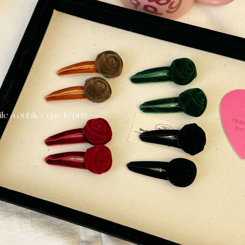 Francouzská retro sametová růžová sponka do vlasů, podzimní a zimní dívčí srdíčková ofina, sponka s přerušením, sponka na boku, sponka s BB sponou do vlasů, vlasové doplňky_voghion.com