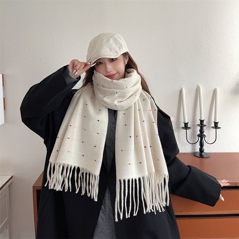 Sciarpa in stile coreano versatile, spessa e calda, con nappa a pois di alta qualità, stile autunno inverno, scialle in cashmere_voghion.com