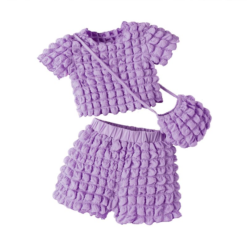 Ensemble d'été pour enfants, haut à manches courtes + short + sac à carreaux à bulles solides, couleur bonbon, ensemble pour filles_voghion.com