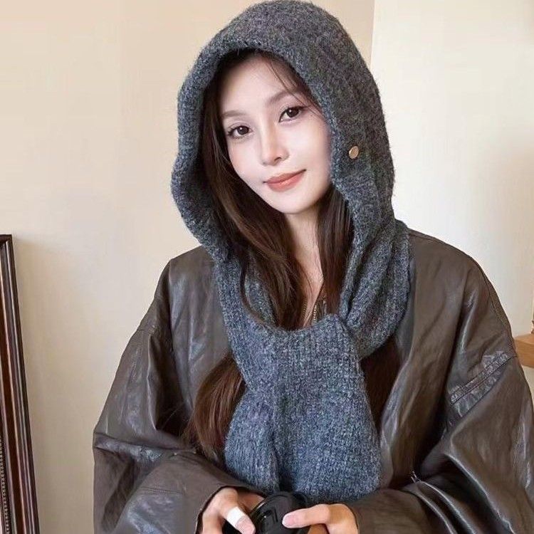 2025 Barakra Strickmütze Integrierter Schal Hut Koreanische Version Ausländischen Stil Herbst Und Winter Im Freien Warme Tasche Kopf Wollmütze_voghion.com