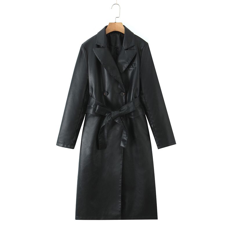 Trenchcoat mit 3D-Illusion (PU-Leder + Taillengürtel)_voghion.com