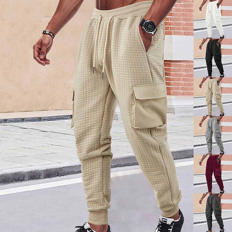 Men's Spring And Autumn New Thickened Multi-Pocket Jacquard Checkered Casual Cargo Pants_voghion.com