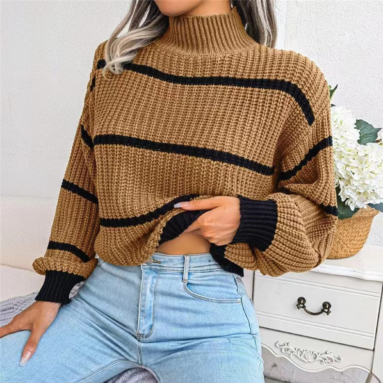 Suéter feminino casual listrado com manga lanterna e meia gola alta_voghion.com