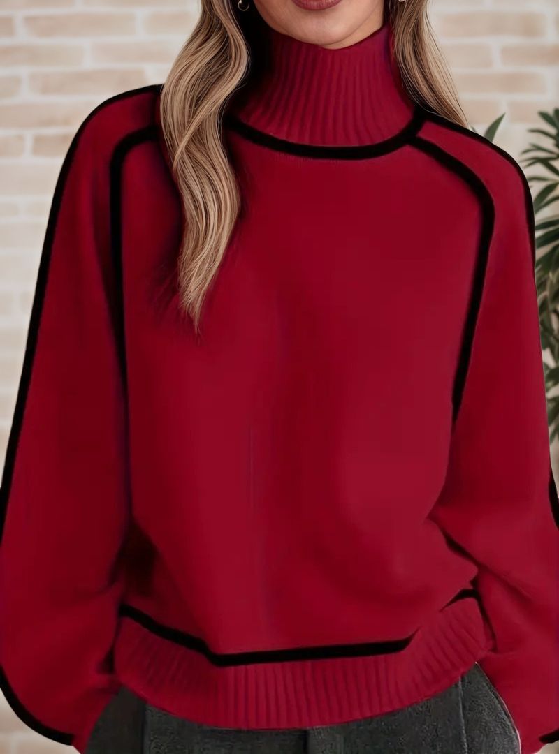 K Fashionable Women's Sweater With Half-high Collar And Raglan Sleeves, Elegant Line, Ribbed Base Knitted Top_voghion.com