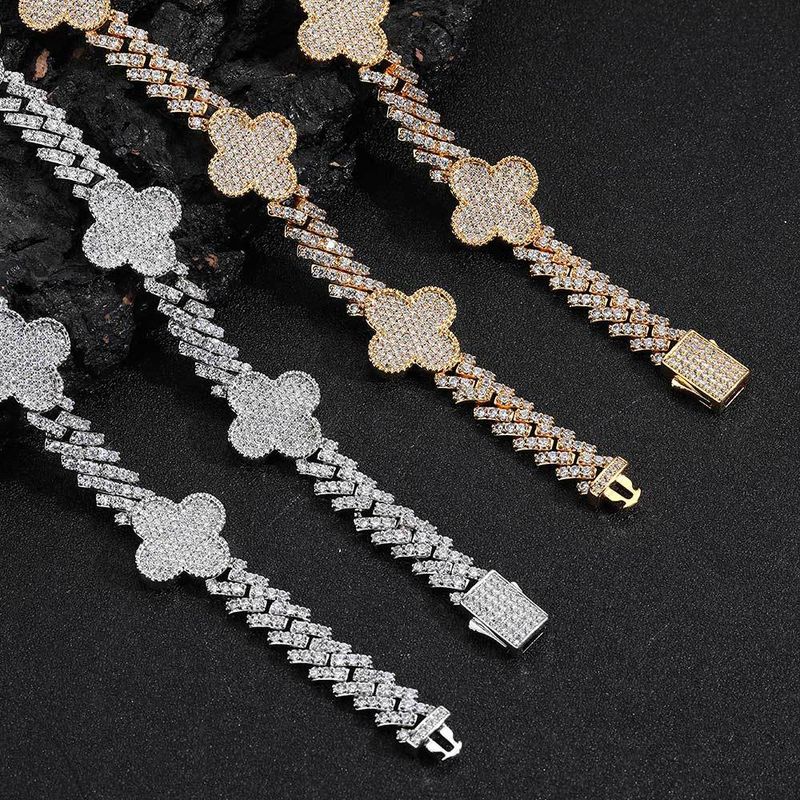 Hip Hop Spring Clasp Vierbladige Klaver Ruit Cubaanse Ketting Zirkoon Veelzijdige Herenketting_voghion.com