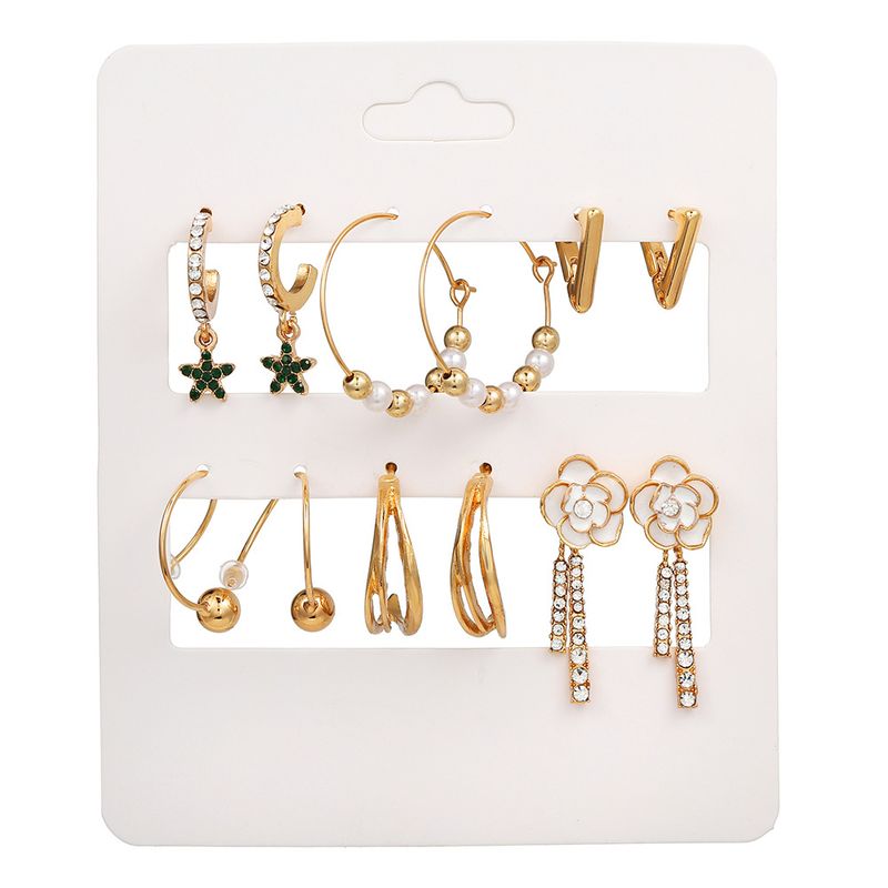 Earring Set Featuring Geometric Metal Earrings With Diamond Studs, Drop-shaped Oil Pearls, Butterfly Lock, And Heart-shaped Earrings_voghion.com