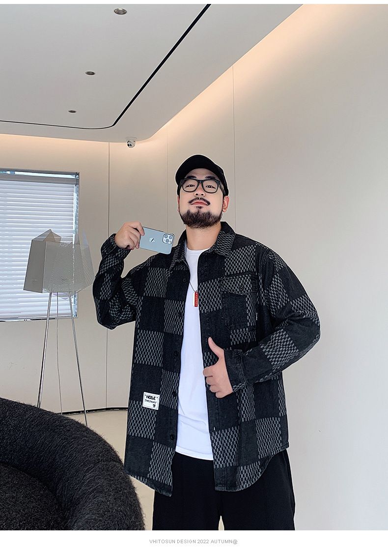 Herrenbekleidung in Übergröße, Frühling und Herbst, neues Langarmhemd, Herren, lockere große Größe, Schachbrettmuster, fette Übergröße, dünne Jeansjacke_voghion.com