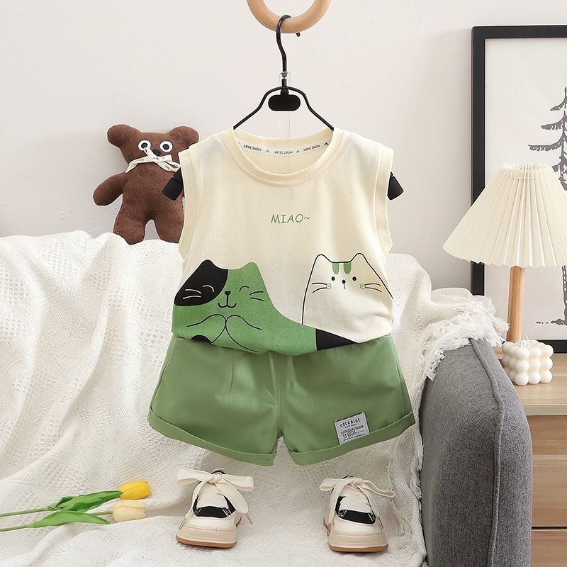 Ensemble gilet pour garçons, vêtements d'été élégants sans manches pour petits enfants, motif chat bicolore, nouvelle mode bébé mignon 2024_voghion.com