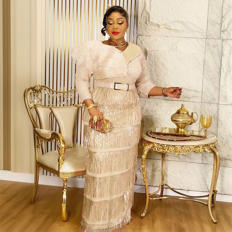 Plus Size Glitter Fringe Party Dress For Women - Elegant V-Neck Sequin Evening Gown With Layered Tulle Skirt (Wine Red, Royal Blue, Rose Purple)_voghion.com