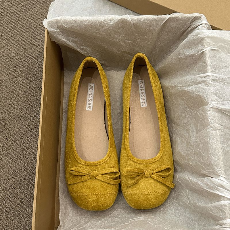 Retro Ballet Flat-soled Red Light-mouth Single Shoes Women's Suede Gentle Soft-soled Doudou Shoes One-pedal Ladyshoes_voghion.com