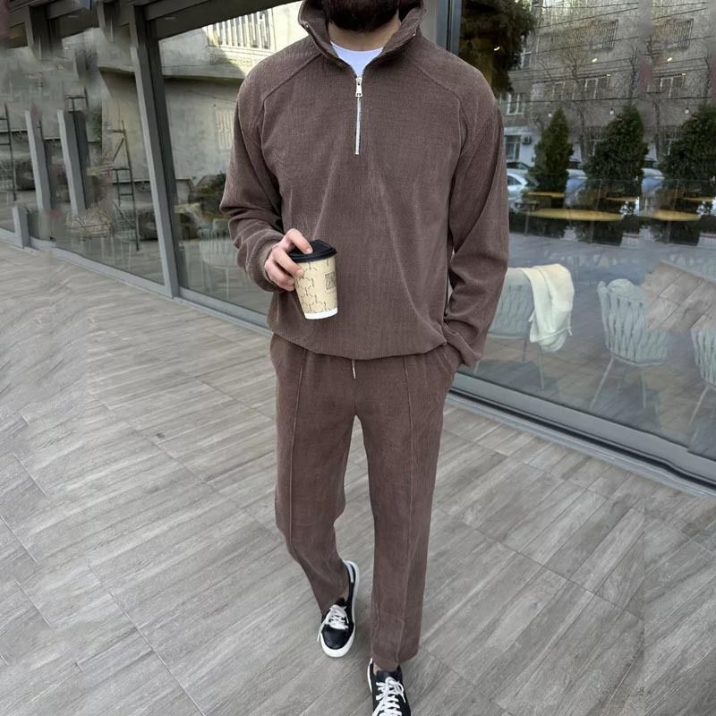 Completo casual da uomo con cappuccio e mezza zip - Felpa leggera in misto cotone con collo alto per primavera e autunno_voghion.com