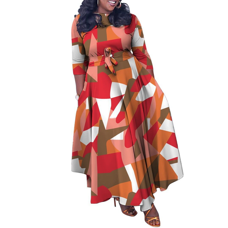 Blusa feminina estampada com cadarço, gola redonda, tamanho grande, estilo africano_voghion.com