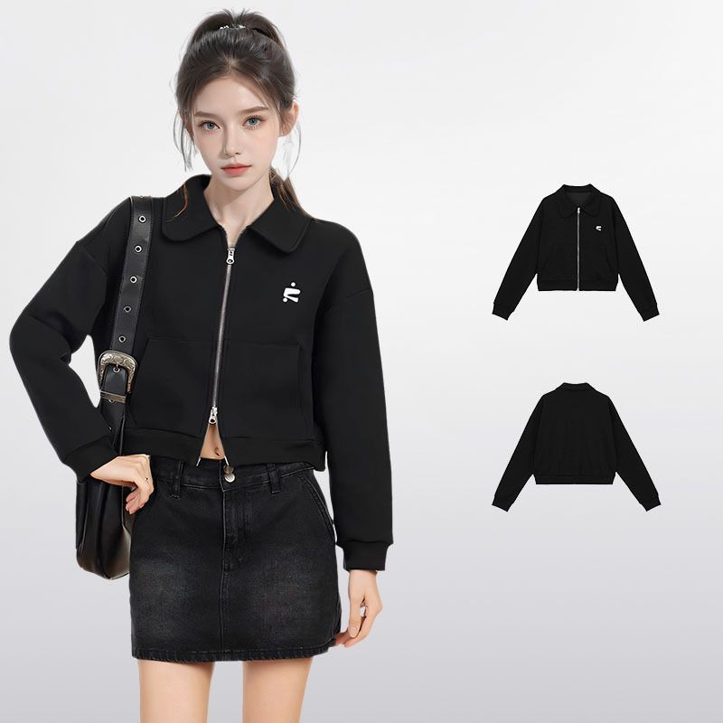 Giacca corta con cappuccio e cerniera con colletto polo nero per donna, I Sprig Ad, autunno 2024, stile americano, taglia piccola_voghion.com