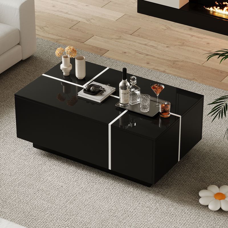 Table basse carrée noire moderne 100 x 60 x 40 cm, finition patchwork brillante, 4 tiroirs et plateau coulissant, supporte jusqu'à 30 kg._voghion.com
