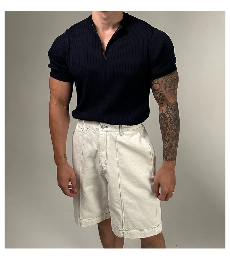 Herrenbekleidung Kurzarmpullover Rundhals Halbreißverschluss Gestreift Einfarbig Vielseitiges Herren-T-Shirt Slim Fit Top_voghion.com