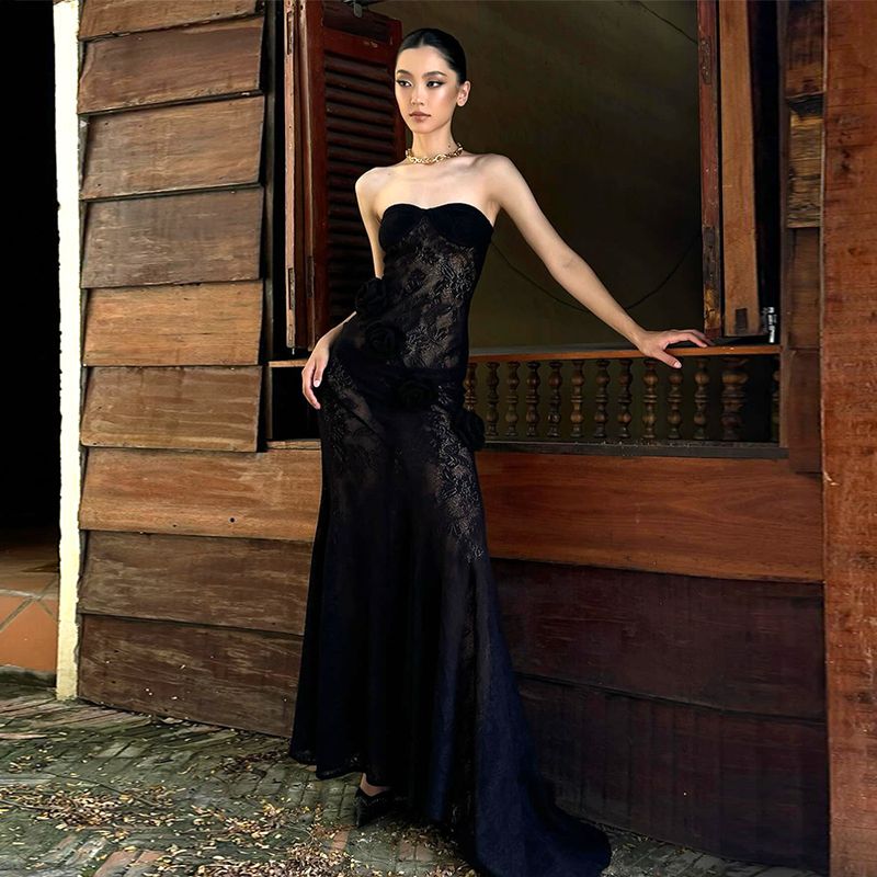 Abito da donna sexy, sottile e trasparente, in pizzo, con top a tubino autunnale e gonna lunga con coda di fiore tridimensionale_voghion.com
